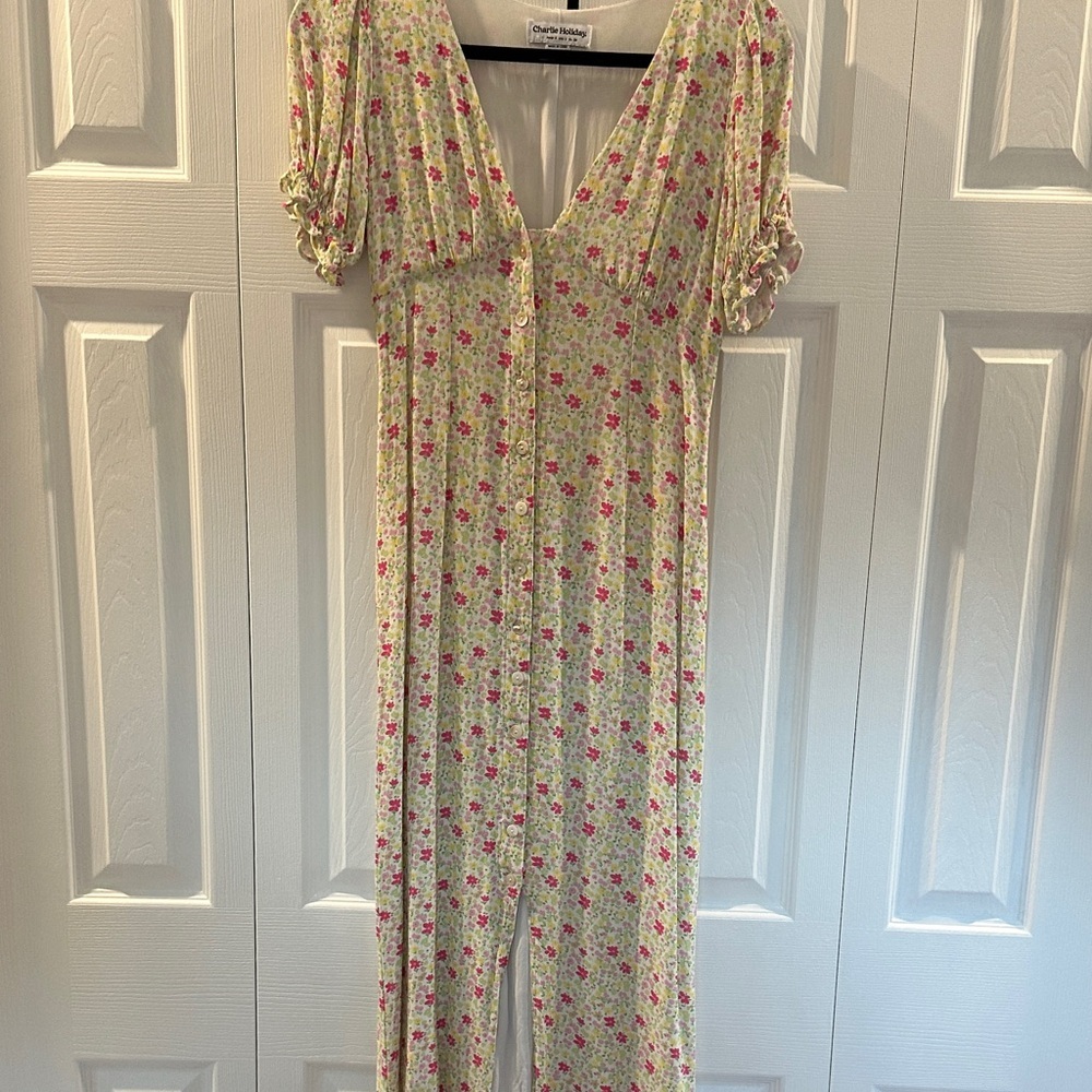 Charlie Holiday Lemon Floral Maxi Dress with Pink Flowers